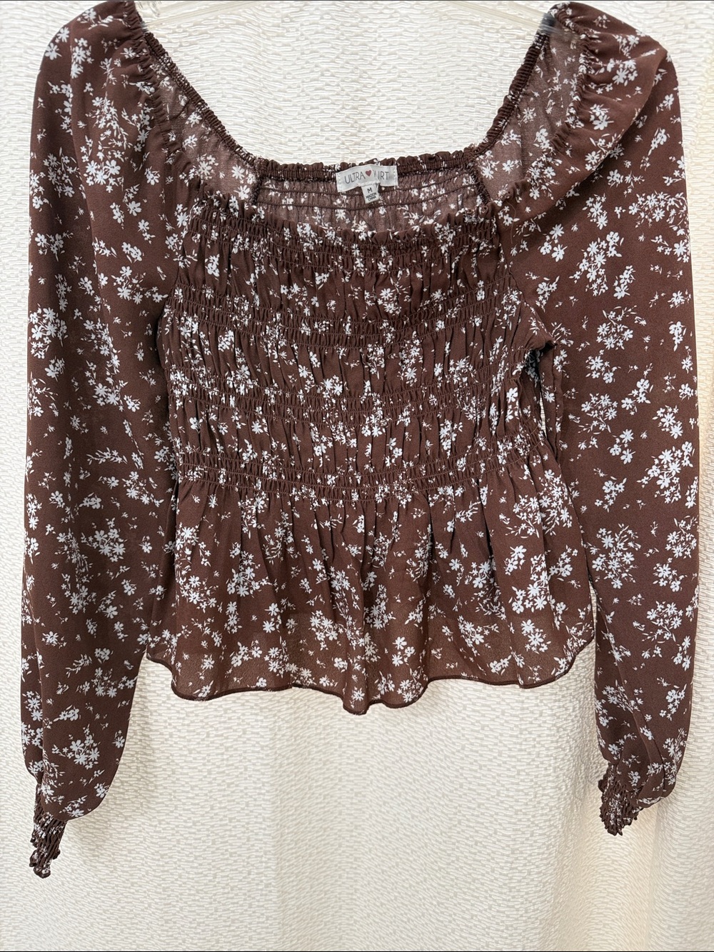 Ultra Flirt Brown Floral Smocked Peasant Blouse